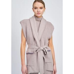 EN SAISON Nell Knit Cardigan Wrap Vest Sweater Toupe Patch Pockets Large